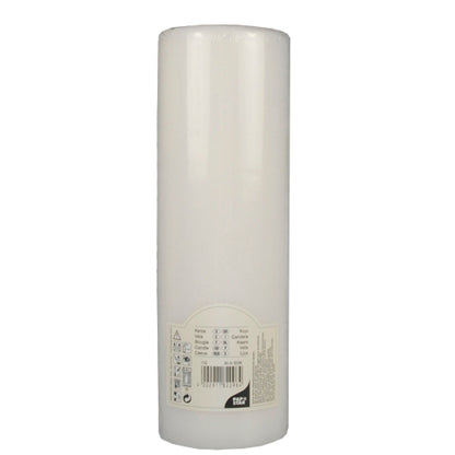 Een witte PAPSTAR stompkaars Ø 80 mm met platte bovenkant (250 mm lang, krimpfolie, 1 stuk) van PAPSTAR GmbH staat ongebruikt met glad oppervlak en etiket aan de basis.