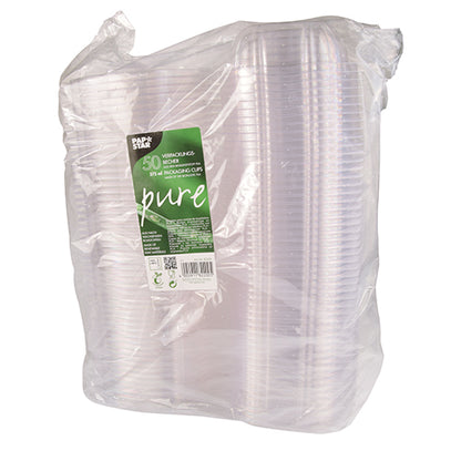 Een verzegeld pakket met 50 PAPSTAR delicatessen- en slakommen met klapdeksels, "pure" glashelder, vervaardigd door PAPSTAR GmbH, beschikt over biologisch afbreekbare en composteerbare PLA-eigenschappen voor milieuvriendelijk gebruik.