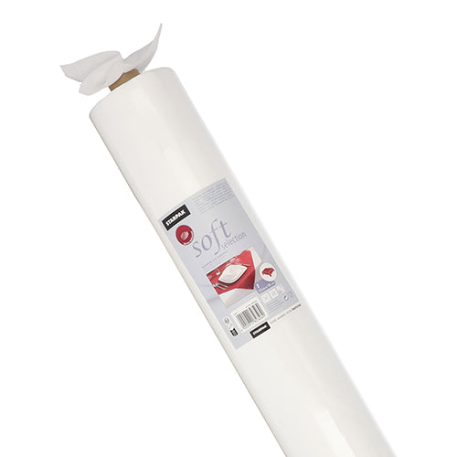 Abgebildet ist eine große weiße Rolle Starpak-Tischdecke, stoffähnlich, Vlies „Soft Selection“ mit einem „Soft Selection“-Etikett mit einem Bügelbrett, das diagonal auf einem schlichten weißen Hintergrund platziert ist.