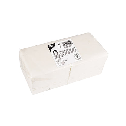 Een stapel van 250 servetten, 2-laags, 24 x 24 cm, 1/4-vouw van de PAPSTAR GmbH is in transparante folie gewikkeld en heeft bovenaan een productlabel met hoeveelheid en barcodes.