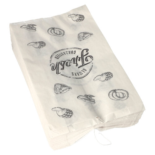 Een stapel PAPSTAR 1000 slagerszakken van kraftpapier, geregen, van PAPSTAR GmbH, met zwarte illustraties van pretzels, cupcakes en het cirkelvormige opschrift "Unna's Kwaliteit".