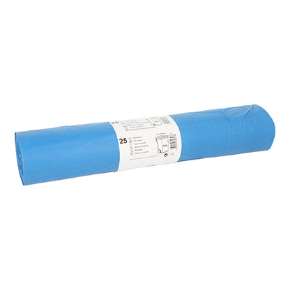 Een rol Starpak 25 vuilniszakken, LDPE 120 l (110 cm x 70 cm) in blauw, met een wit etiket in het midden dat productinformatie en specificaties bevat.