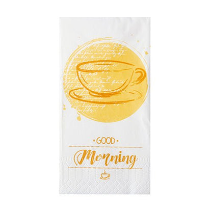 De PAPSTAR 250 servetten, 3-laags, 1/8-vouw van PAPSTAR GmbH biedt witte servetten (33 x 33 cm) aan met een geel theekopje-motief, het opschrift „GOOD Morning“ en een theekopje-symbool – ideaal als servetten voor de horeca.