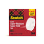 Een doos Scotch® Super-Hold Secure Tape (1 rol, 19 mm x 25,4 m) van 3M Deutschland GmbH toont transparante plakband voor transparante plakverbindingen in rode verpakking met gele en zwarte ruitjes en informatie in het Engels en Frans.