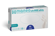 Eine rechteckige Schachtel MANEO Nitril-Handschuhe, hygienisch und strapazierfähig von ARNOWA GmbH in XL, mit teal und blauem Branding und einer Abbildung einer behandschuhten Hand auf der rechten Seite.