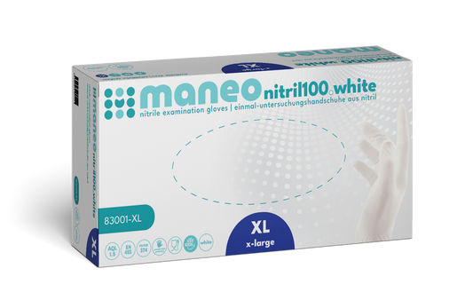 Eine rechteckige Schachtel MANEO Nitril-Handschuhe, hygienisch und strapazierfähig von ARNOWA GmbH in XL, mit teal und blauem Branding und einer Abbildung einer behandschuhten Hand auf der rechten Seite.
