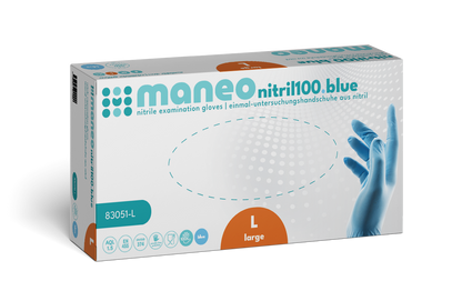 Eine rechteckige Schachtel MANEO Nitril-Handschuhe, hygienisch und strapazierfähig der ARNOWA GmbH in der Größe large zeigt ein überwiegend weißes Design mit blauen und orangefarbenen Akzenten sowie ein Handschuhbild und Hygieneinformationen auf der Vorderseite.