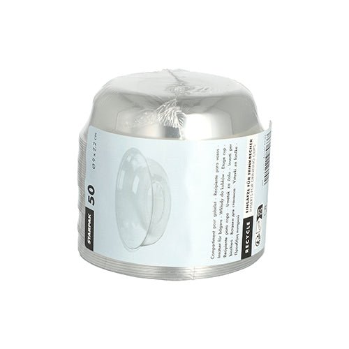 Een stapel van 50 ronde Starpak PET-inzetten "Hurricane" (Ø 9 cm, 2,2 cm) in glasheldere folie met wit etiket. Ideaal als wegwerp- of PET-inzetten voor vele gelegenheden. Merk: Starpak.