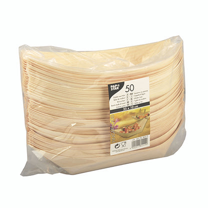 Een transparante kunststofverpakking van de PAPSTAR GmbH bevat 50 Fingerfood-schalen (bootjes) van hout, elk rechthoekig en voor eenmalig gebruik. Het etiket aan de voorkant toont productdetails en een afbeelding van fingerfood op een bord.