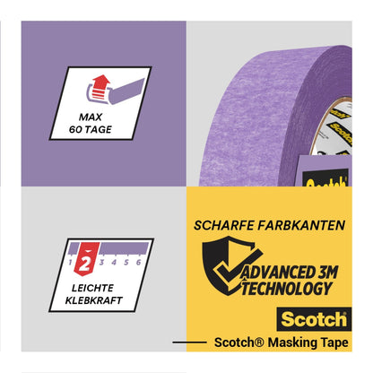 Er wordt een rol Scotch® afplaktape voor gevoelige oppervlakken (24 mm x 41 m) van 3M Deutschland GmbH getoond met iconen voor 60-dagen gebruik, lichte kleefkracht, scherpe verflijnen en PEFC-certificering voor duurzaamheid.