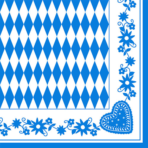 De PAPSTAR servetten 1/4-vouw, 40x40 cm, Beiers Blauw (3-laags) tonen een blauw-wit ruitpatroon met blauwe bloemenranden en een hartmotief. Verkrijgbaar in een verpakking van 50 stuks bij de PAPSTAR GmbH.