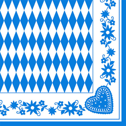 De PAPSTAR servetten 1/4-vouw, 40x40 cm, Beiers Blauw (3-laags) tonen een blauw-wit ruitpatroon met blauwe bloemenranden en een hartmotief. Verkrijgbaar in een verpakking van 50 stuks bij de PAPSTAR GmbH.