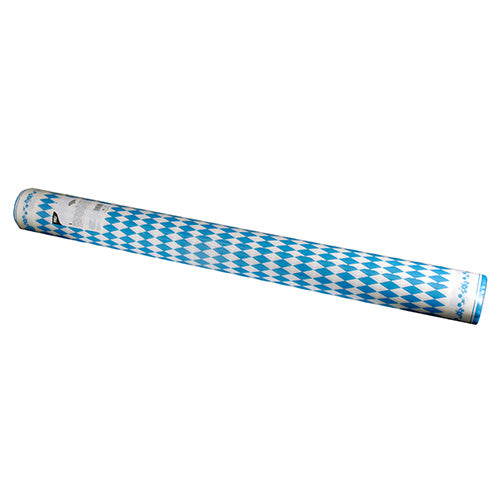 De PAPSTAR GmbH Airlaid tafellaken rol (Beiers Blauw, 25 m x 1,18 m) is voorzien van een blauw-wit ruitpatroon en wordt in krimpfolie verpakt geleverd met een etiket aan één uiteinde op een witte achtergrond.