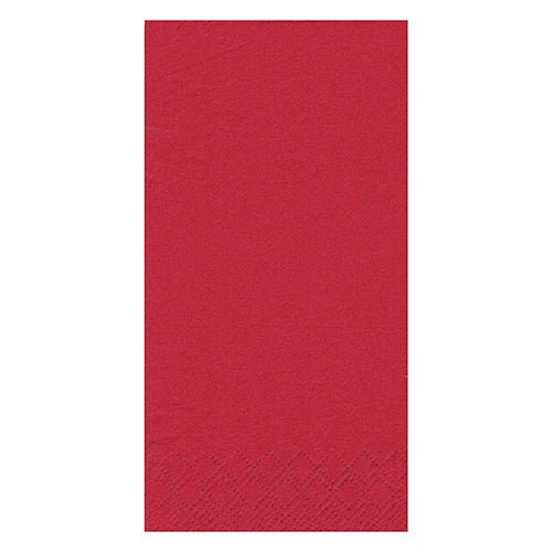 Een enkel rood papieren servetje met drie lagen van de PAPSTAR GmbH (PAPSTAR 250 servetten (1/8-vouw) met een subtiel reliëfpatroon aan de onderrand op een witte achtergrond.