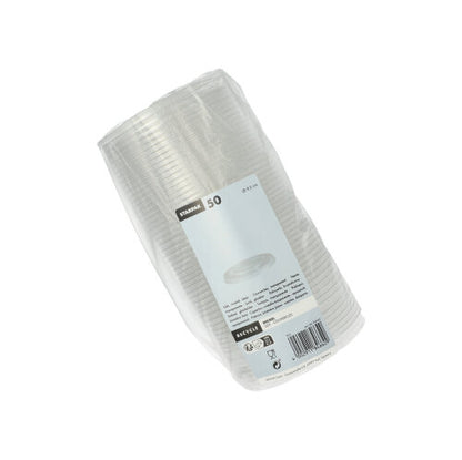 Eine Packung mit 50 runden, durchsichtigen Starpak „Hurricane“-Einwegbechern aus PET, in Plastikfolie eingewickelt und mit einem Etikett mit Menge und Produktinformationen versehen.