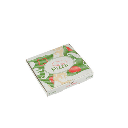 De PAPSTAR 100 pizzadozen, cellulose "pure" rechthoekig van PAPSTAR GmbH is een milieuvriendelijke, vierkante doos met groen-rood en beige design en "Pizza"-opschrift en pizza-schijf op het deksel.