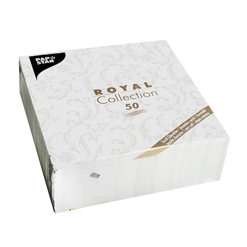Een verpakking met 50 PAPSTAR servetten "ROYAL Collection" 1/4-vouw, 40 x 40 cm, wit, van PAPSTAR GmbH. De verpakking is elegant met subtiel patroon en goud-zwarte tekst.