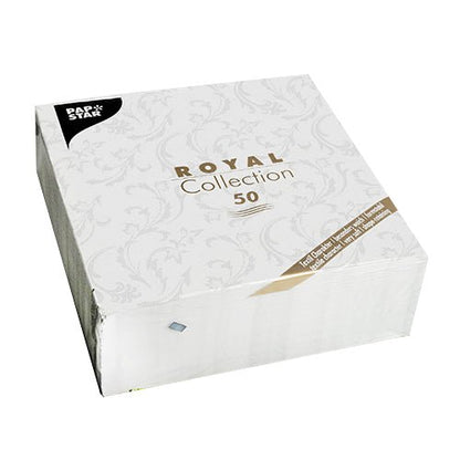Een verpakking met 50 PAPSTAR servetten "ROYAL Collection" 1/4-vouw, 40 x 40 cm, wit, van PAPSTAR GmbH. De verpakking is elegant met subtiel patroon en goud-zwarte tekst.