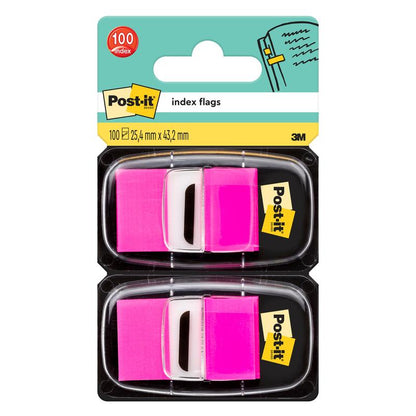 Een verpakking Post-it® Index markeerstrips van 3M Deutschland GmbH bevat twee dispensers met elk 50 roze vlaggetjes (25,4 mm x 43,2 mm), dus in totaal 100 vlaggetjes. Het 3M-logo bevindt zich rechtsonder.