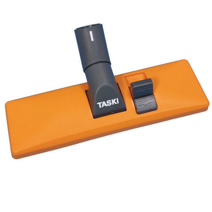 Een oranje rechthoekige universele stofzuigermond (30cm) van Diversey, compatibel met TASKI bora 12 en dorsalino, met een grijze "TASKI"-opzetstuk en een zwarte schakelaar aan de rechterkant. Verpakking: 1 stuk.