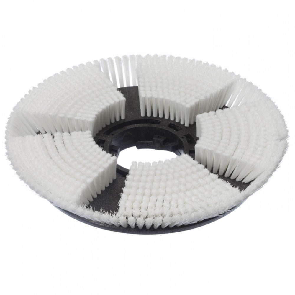 Diversey Droogshampooborstel, Ø 43 cm, voor TASKI ergodisc 165: Ronde zwarte kunststofborstel met radiaal geplaatste witte borstelharen en middelste opening. Ideaal voor tapijtreiniging. De verpakking bevat 1 stuk.