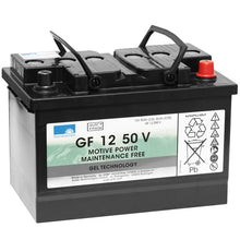 De Diversey Deutschland GmbH & Co. OHG batterij tractieblok is een rechthoekige, zwart-grijze 12V/50Ah onderhoudsvrije gelbatterij met draaggrepen, productlabels, technische gegevens, veiligheidssymbolen en recyclinginformatie aan de zijkant.