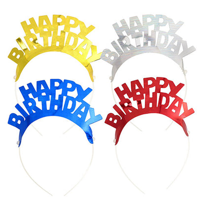 4-delige set kunststof-haarbanden "Metallic" van PAPSTAR GmbH met het opschrift "HAPPY BIRTHDAY" in geel, zilver, blauw en rood - ideaal voor feestjes. Dubbelrijig gerangschikt. Productnaam: PAPSTAR 4 haarbanden kleurrijk gesorteerd "Metallic".