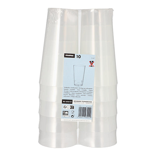 Het product 'Starpak 10 herbruikbare drinkbeker' van het merk Starpak toont tien stapelbare, duurzame bekers van helder kunststof in milieuvriendelijke verpakking met blauw-wit etiket staand gerangschikt.