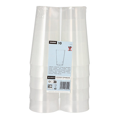 Het product 'Starpak 10 herbruikbare drinkbeker' van het merk Starpak toont tien stapelbare, duurzame bekers van helder kunststof in milieuvriendelijke verpakking met blauw-wit etiket staand gerangschikt.