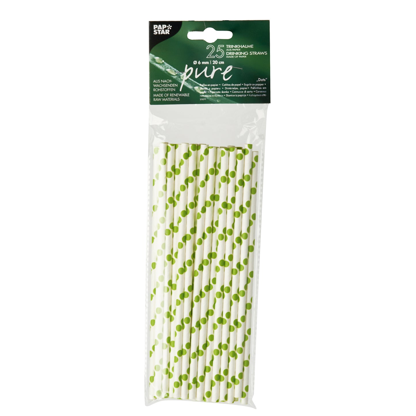 Een kunststofverpakking bevat 25 PAPSTAR papieren rietjes (Ø 6 mm, 20 cm) in zwart-wit gestreepte uitvoering. Het bovenste etiket draagt het merk van de PAPSTAR GmbH en wijst op de milieuvriendelijke productie uit hernieuwbare grondstoffen.