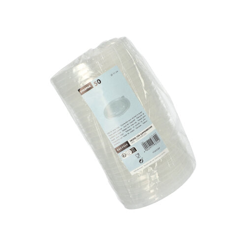 Een stapel van 50 transparante Starpak PP-soepbekers „To Go“ (Ø 11 cm) verpakt in folie met een blauw-wit etiket met productdetails en barcode zorgt voor een morsvrije toepassing.