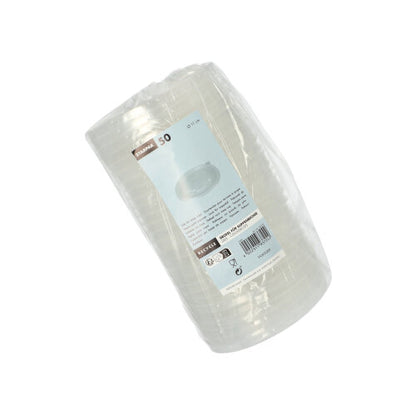 Een stapel van 50 transparante Starpak PP-soepbekers „To Go“ (Ø 11 cm) verpakt in folie met een blauw-wit etiket met productdetails en barcode zorgt voor een morsvrije toepassing.