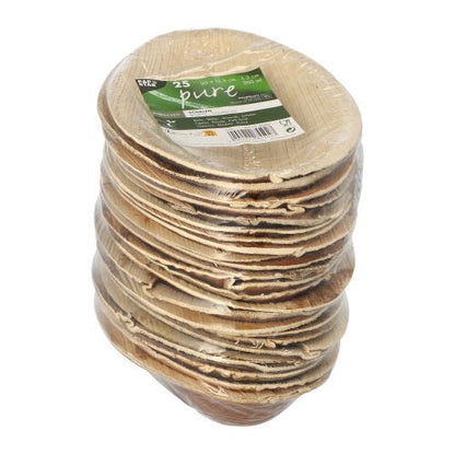 Een verpakking met 25 ovale PAPSTAR palmblad schalen "pure" (20x12,5 cm), milieuvriendelijk en biologisch afbreekbaar, van PAPSTAR GmbH, in krimpfolie met groen-wit etiket.