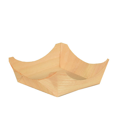 Een klein, leeg, licht PAPSTAR 50 fingerfood-schaaltje "pure" rond dienblad van hout van de PAPSTAR GmbH met opstaande, schuine zijkanten en elegante uitstraling, gefotografeerd op een eenvoudige witte achtergrond.