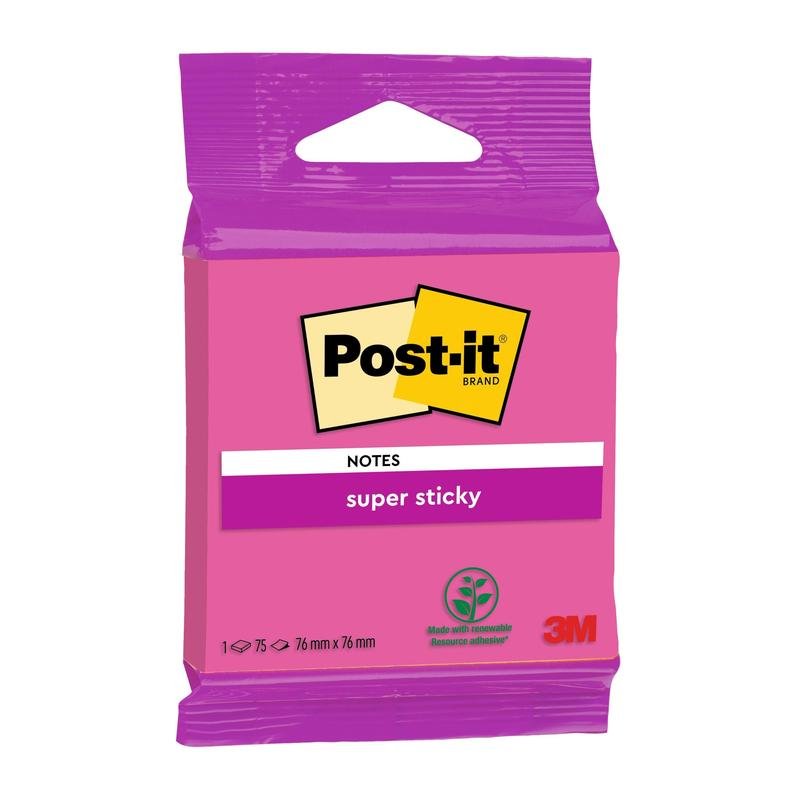 Een verpakking Post-it® Super Sticky Notes 6820S3, 76 x 76 mm, in neongroen, neonroze, ultrageel, ultragroen en ultraroze (1 blok met 75 vel), van 3M Deutschland GmbH. Inclusief extra sterke kleefkracht en PEFC-certificering op de verpakking.