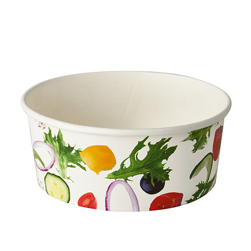 De Starpak 45 slakommen, karton "To Go" Ø 15 cm "Salade", zijn witte papieren kommen met kleurrijke groenteprint, ideaal als milieuvriendelijke salade kommen voor verse en duurzame maaltijden.