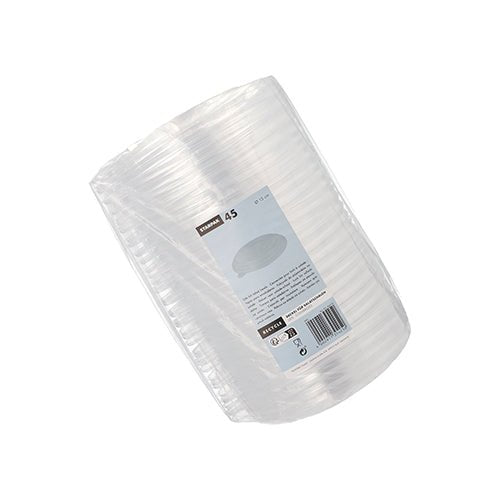 Een verpakking met 45 transparante Starpak PS-deksels voor slakommen (Ø 15 cm, 2 cm hoog), nog in folie verzegeld met productinformatie en barcode – perfect voor gebruik om mee te nemen.