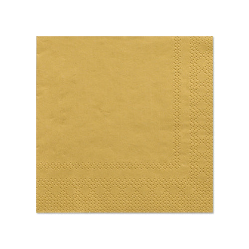 Die PAPSTAR 20 Servietten (25 cm x 25 cm, 3-lagig, 1/4-Falz) der PAPSTAR GmbH verfügen über einen strukturierten Rand und eine elegante Goldfarbe, ideal für stilvolle Tischdekoration; abgebildet auf weißem Hintergrund.