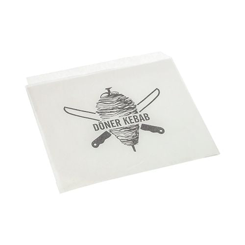 De PAPSTAR döner-kebab-zakken, perkamentvervanger, 16x16 cm, vetdichte krimpfolie (1000 stuks) van PAPSTAR GmbH is een duurzame, witte voedselverpakking met een döner spies en gekruiste messen evenals de tekst "DÖNER KEBAB".