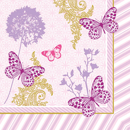 Die 3-lagigen Servietten (40 x 40 cm) der PAPSTAR GmbH zeigen drei lila und einen rosa Schmetterling mit floralen Silhouetten in Lila und Gelb auf hellrosa Hintergrund mit diagonal gestreiften Rändern. Die Packung enthält 20 Servietten.