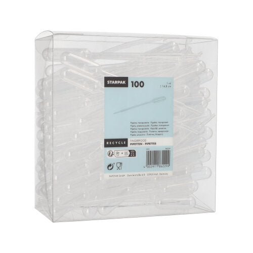 Eine transparente Box mit 100 transparenten Starpak PE-Pipetten für präzise Flüssigkeitsdosierung. Das Etikett zeigt die Marke „Starpak“, Produktinformationen, einen Barcode und Recyclingsymbole.