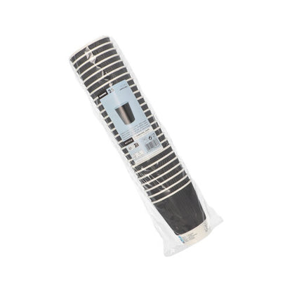 Een verzegelde plastic verpakking met 25 Starpak-drinkbekers „To Go“ Ripple Wall-wegwerpbekers van zwart papier met witte rand toont aan de voorkant productinformatie en een afbeelding van de bekers.