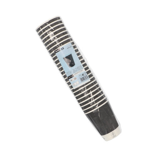 Een verpakking met 25 zwarte Starpak „To Go“ Ripple Wall papieren bekers met witte strepen, verpakt in plastic folie. Het blauwe etiket toont het merk Starpak en benadrukt deze stijlvolle wegwerpdrinkbekers tegen een witte achtergrond.