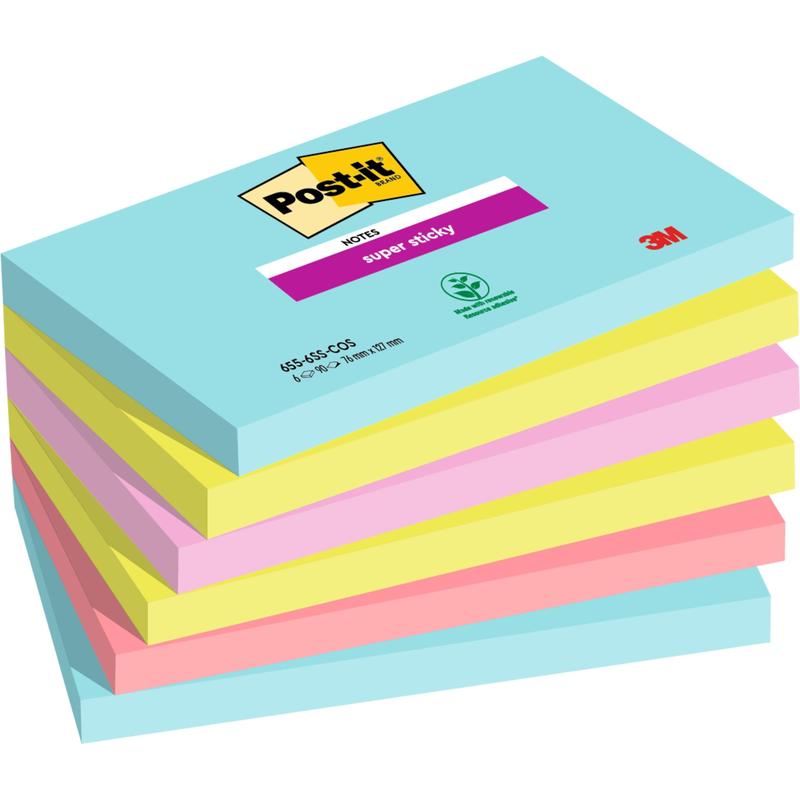 Afgebeeld is een stapel van zes Post-it® Super Sticky Notes (76 mm x 127 mm, 90 vel/blok, 100% PEFC) van 3M Deutschland GmbH in de kleuren blauw, roze en geel met zichtbaar merk op het bovenste blok.