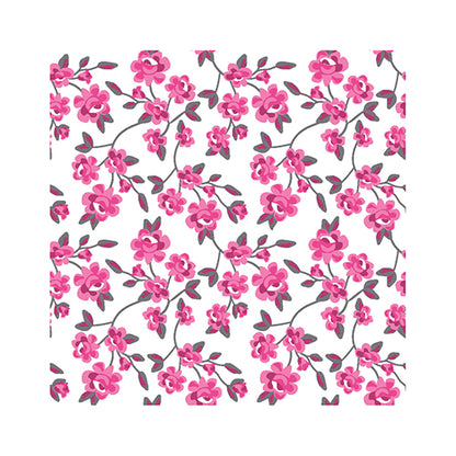 De PAPSTAR 20 servetten (25x25 cm, 3-laags, 1/4-vouw) van PAPSTAR GmbH tonen een herhalend roze bloemenpatroon met grijsgroene bladeren op een witte achtergrond - ideaal voor een stijlvolle tafeldecoratie of elegant servetgebruik.
