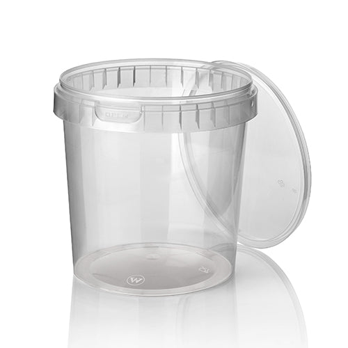Ein transparenter, runder Starpak 30 Feinkostbecher (770 ml, Ø 11,8 cm) mit Originalitätsverschluss ist leicht geöffnet auf weißem Untergrund abgebildet, darunter eine dezente Spiegelung. Inhalt: 30 lebensmittelechte PP-Becher mit Schrumpffolie.
