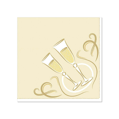 Afbeelding van twee champagneglazen met bubbels op een beige, goud versierde achtergrond. Ideaal voor PAPSTAR 20 servetten "ROYAL Collection" 1/4-vouw, 25 cm x 25 cm van de PAPSTAR GmbH.