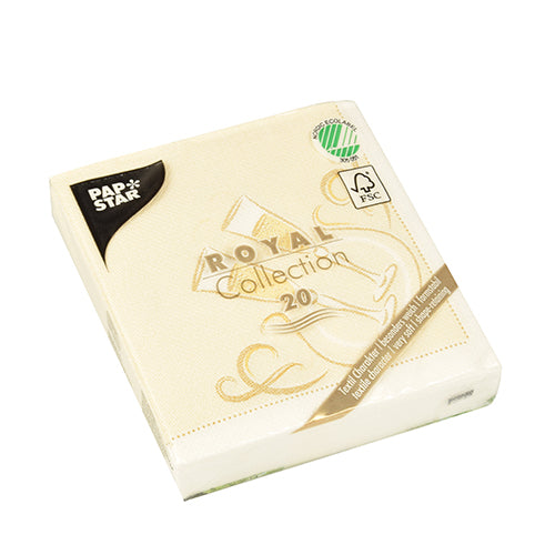 Een pak met 20 PAPSTAR servetten "ROYAL Collection" 1/4-vouw, crème, 25x25 cm, FSC-gecertificeerd met gouden ontwerp op de verpakking, van de PAPSTAR GmbH.