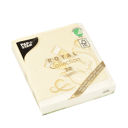 Een pak met 20 PAPSTAR servetten "ROYAL Collection" 1/4-vouw, crème, 25x25 cm, FSC-gecertificeerd met gouden ontwerp op de verpakking, van de PAPSTAR GmbH.