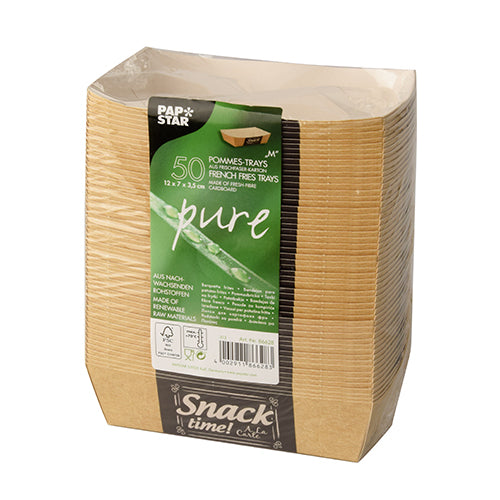Een stapel van 50 PAPSTAR 'pure' frietschalen (3,5 x 7 cm) van de PAPSTAR GmbH, gemarkeerd met 'Good Food', gemaakt van hernieuwbare grondstoffen, biologisch afbreekbaar, milieuvriendelijk - ideaal voor het serveren van friet.